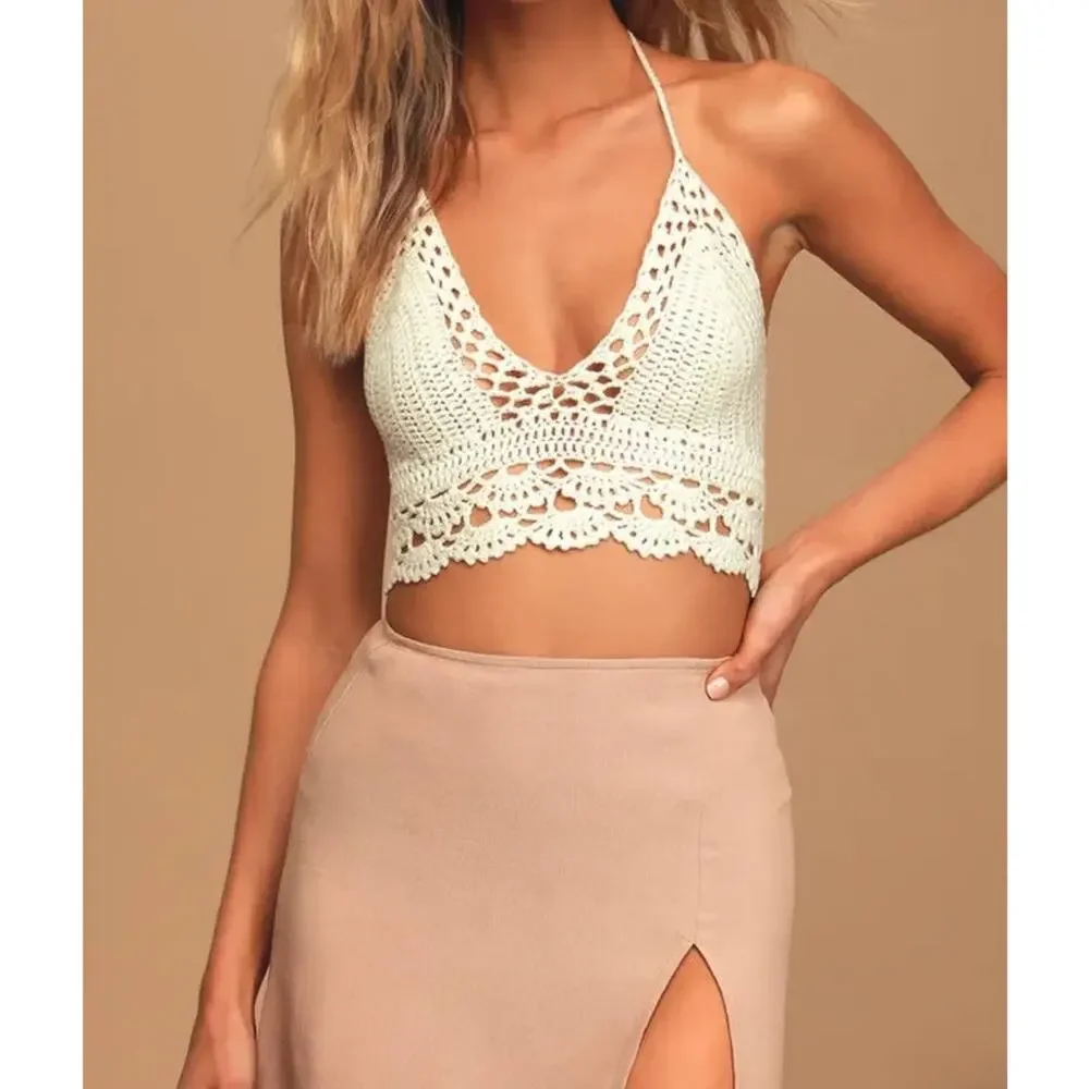 Lulu's Let's Run Away Ivory Crochet Halter Crop Top - M/L - Picture 5 of 7